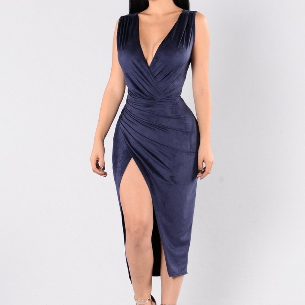 Navy Ruched Front Slit V- Neck Dress